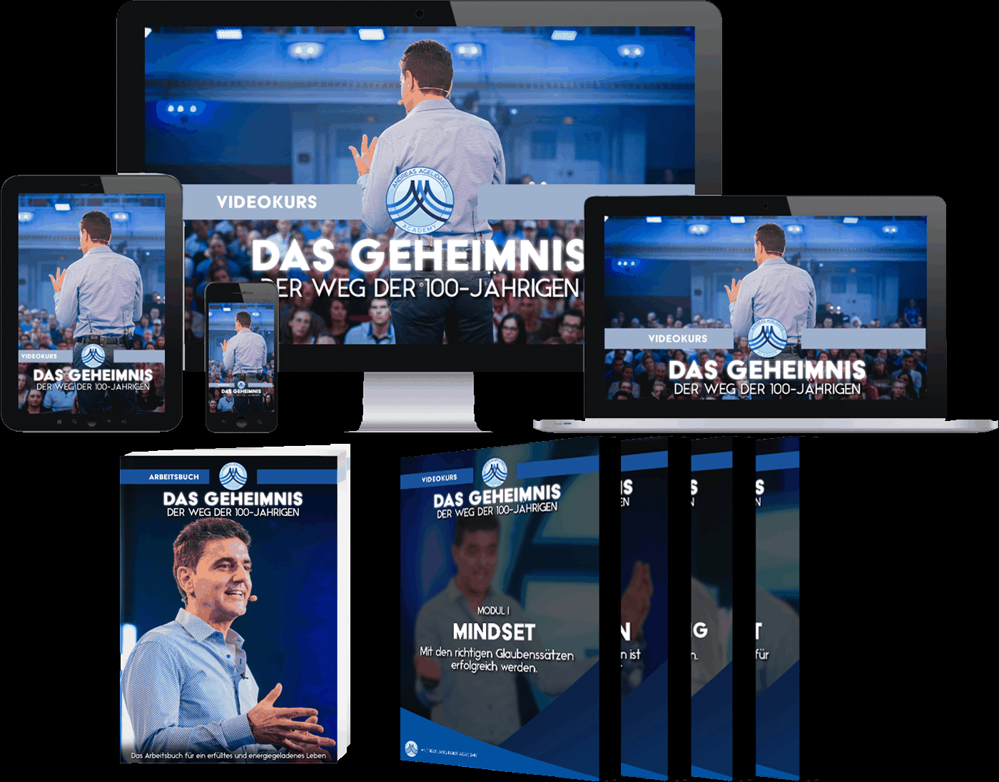 Alles, was im Kurs enthalten ist: Videokurs auf allen Geräten, gedrucktes Arbeitsbuch und vier Modulhefte